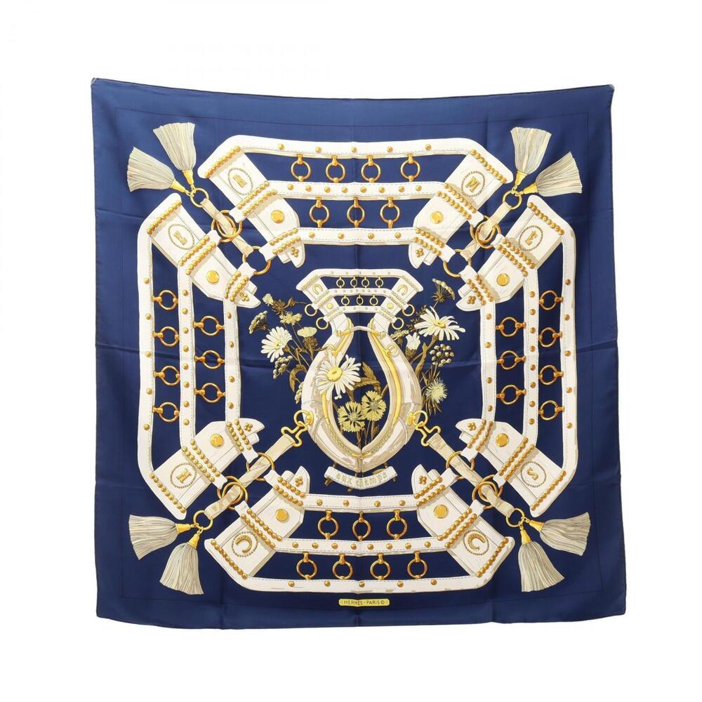 Hermes Carre 90 Aux Champs Scarf/Muffler, Silk, Women's, Navy, White, Yellow